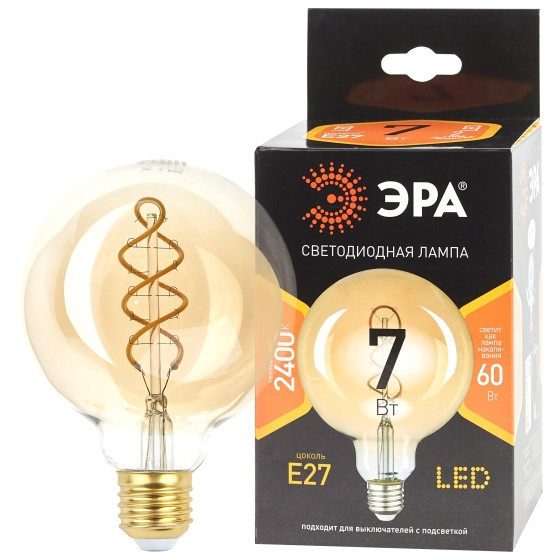 Лампа светодиодная филамент 7W Е27 шар 2,4К теплый ЭРА G95-7W-824-E27 spiral gold *20 Лампа светодиодная филамент 7W Е27 шар 2,4К теплый ЭРА G95-7W-824-E27 spiral gold *20