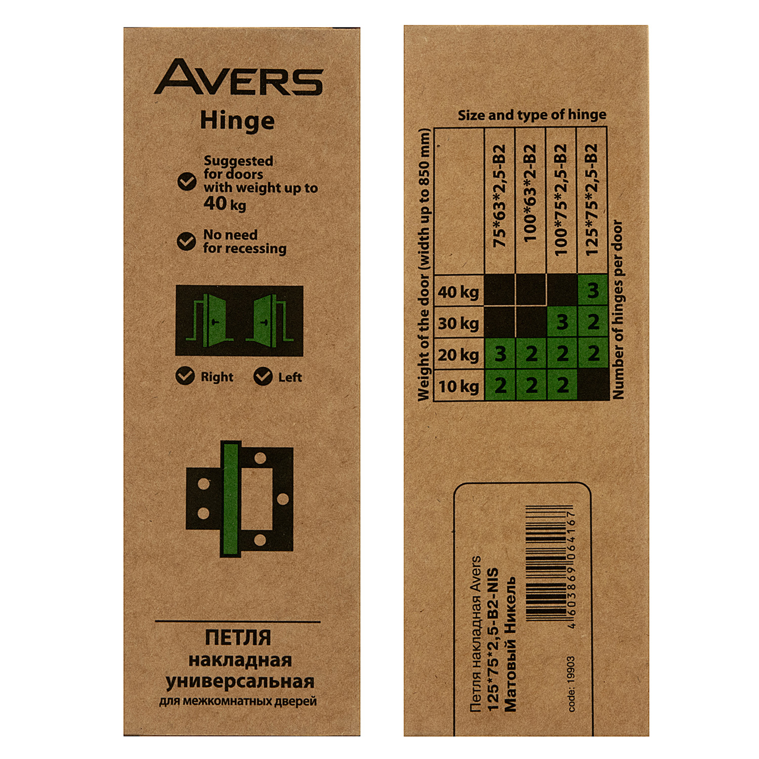 Петля без врезки 125*75*2,5мм НИКЕЛЬ матовый NIS (комплект 2шт.) AVERS *1/6/48