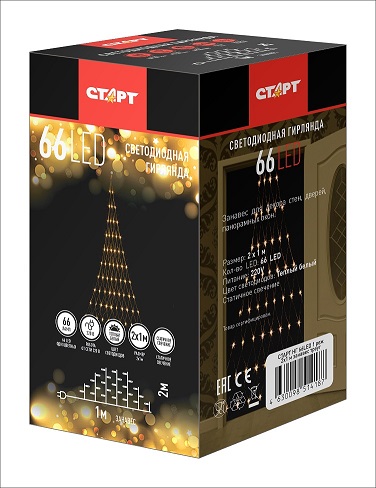 Гирлянда новогодняя СТАРТ, 2*1 м, 66 ламп, 220 В, 1 режим, занавес треугольный