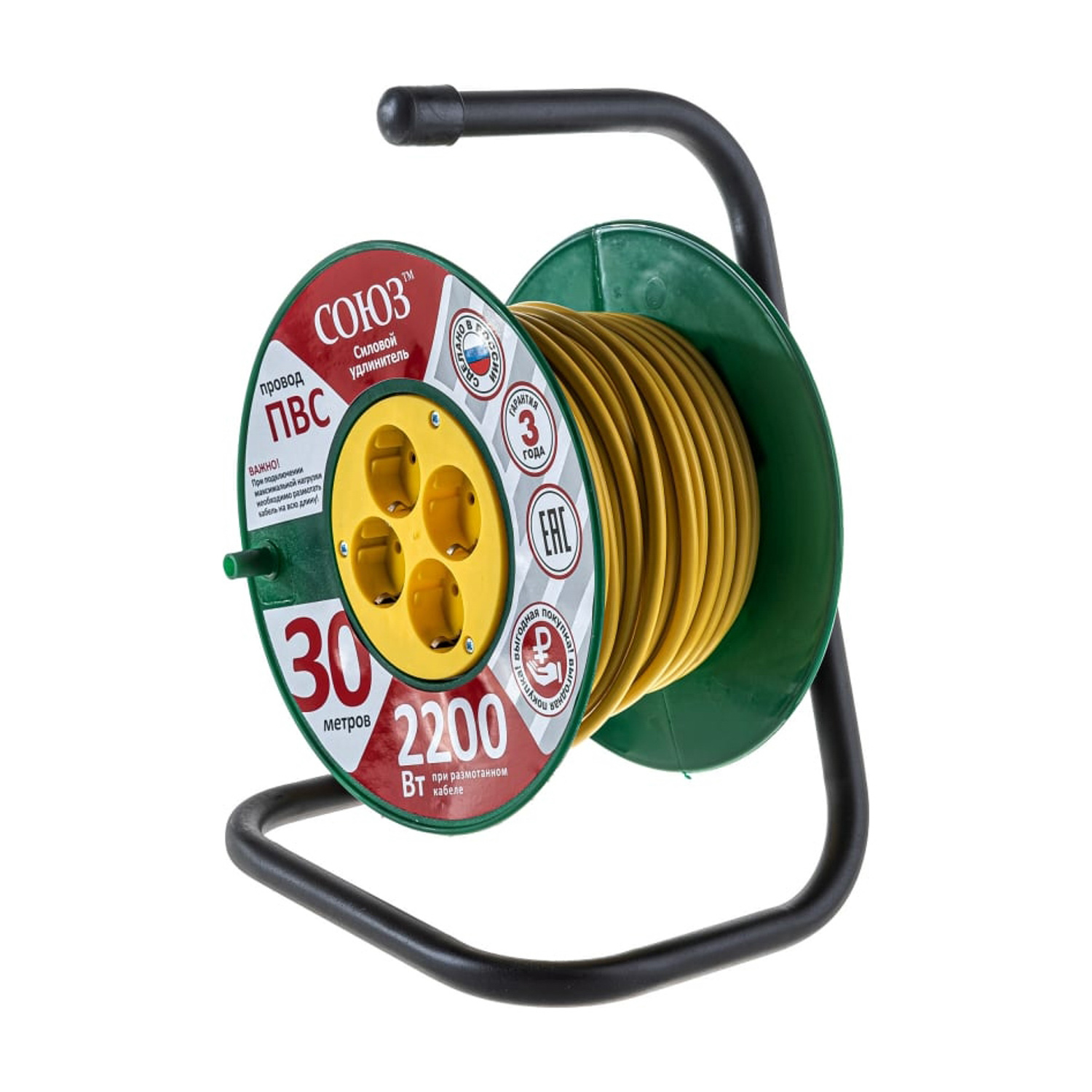 Удлинитель 4 розетки 30м с/з КАТУШКА ПВС 3*0,75 10А IP20 2.2кВт Союз 481S-3403 *1 Удлинитель 4 розетки 30м с/з КАТУШКА ПВС 3*0,75 10А IP20 2.2кВт Союз 481S-3403 *1