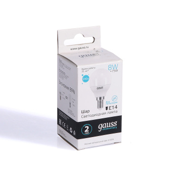 Лампа светодиодная Gauss Elementary, Е14, шар, 8 Вт, 540 Лм, 4000 К, нейтральный белый